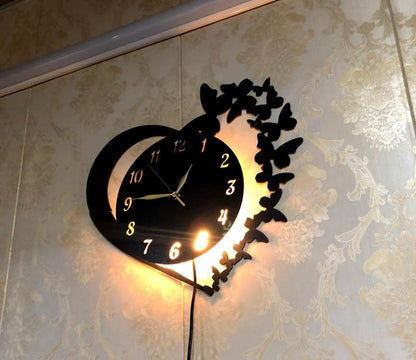 heart & Butterfly Wall Clock Black Battery Operated,