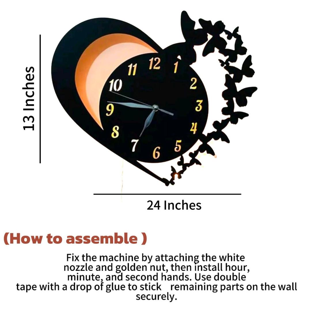 heart & Butterfly Wall Clock Black Battery Operated,