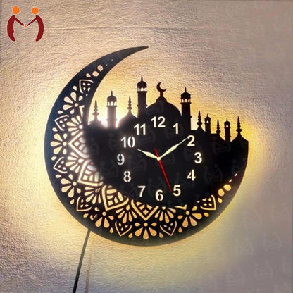 Islamic Wooden Wall Clock with Crescent Moon & Mosque Design,