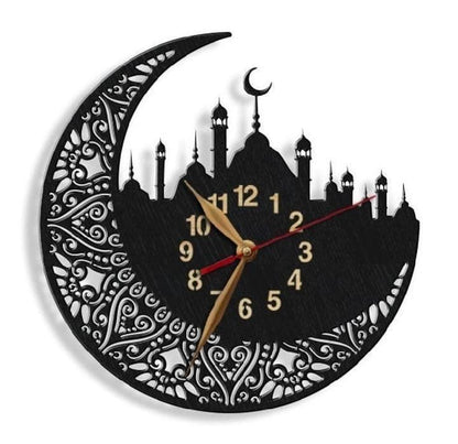 Islamic Wooden Wall Clock with Crescent Moon & Mosque Design,