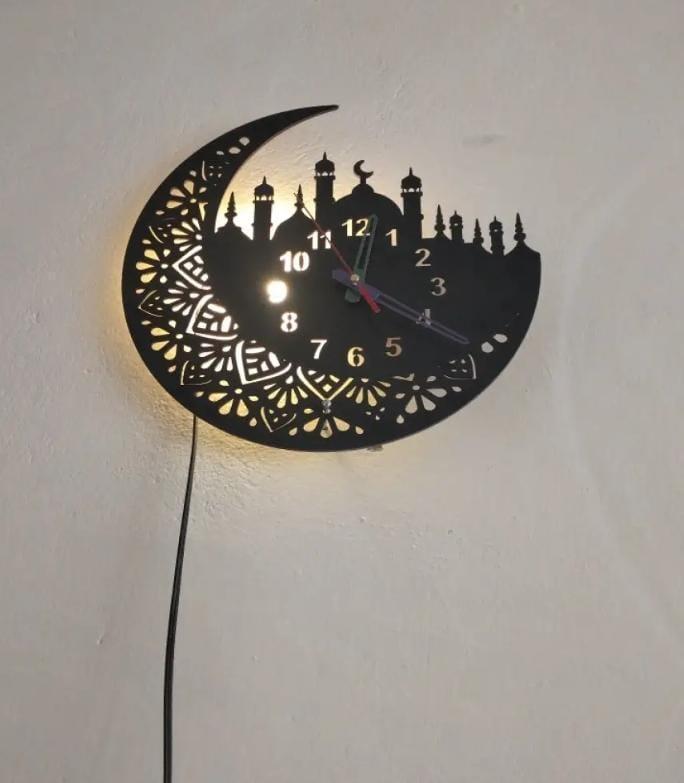 Islamic Wooden Wall Clock with Crescent Moon & Mosque Design,