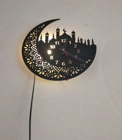 Islamic Wooden Wall Clock with Crescent Moon & Mosque Design,