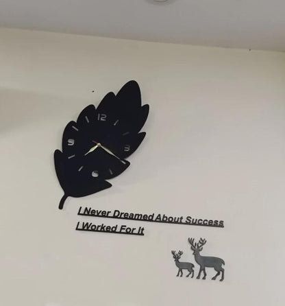 3D Leaf Wooden Wall Clock Black Golden Hands, ,