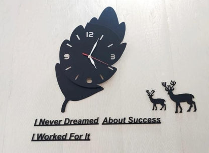 3D Leaf Wooden Wall Clock Black Golden Hands, ,