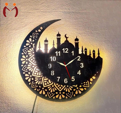 Islamic Wooden Wall Clock with Crescent Moon & Mosque Design,