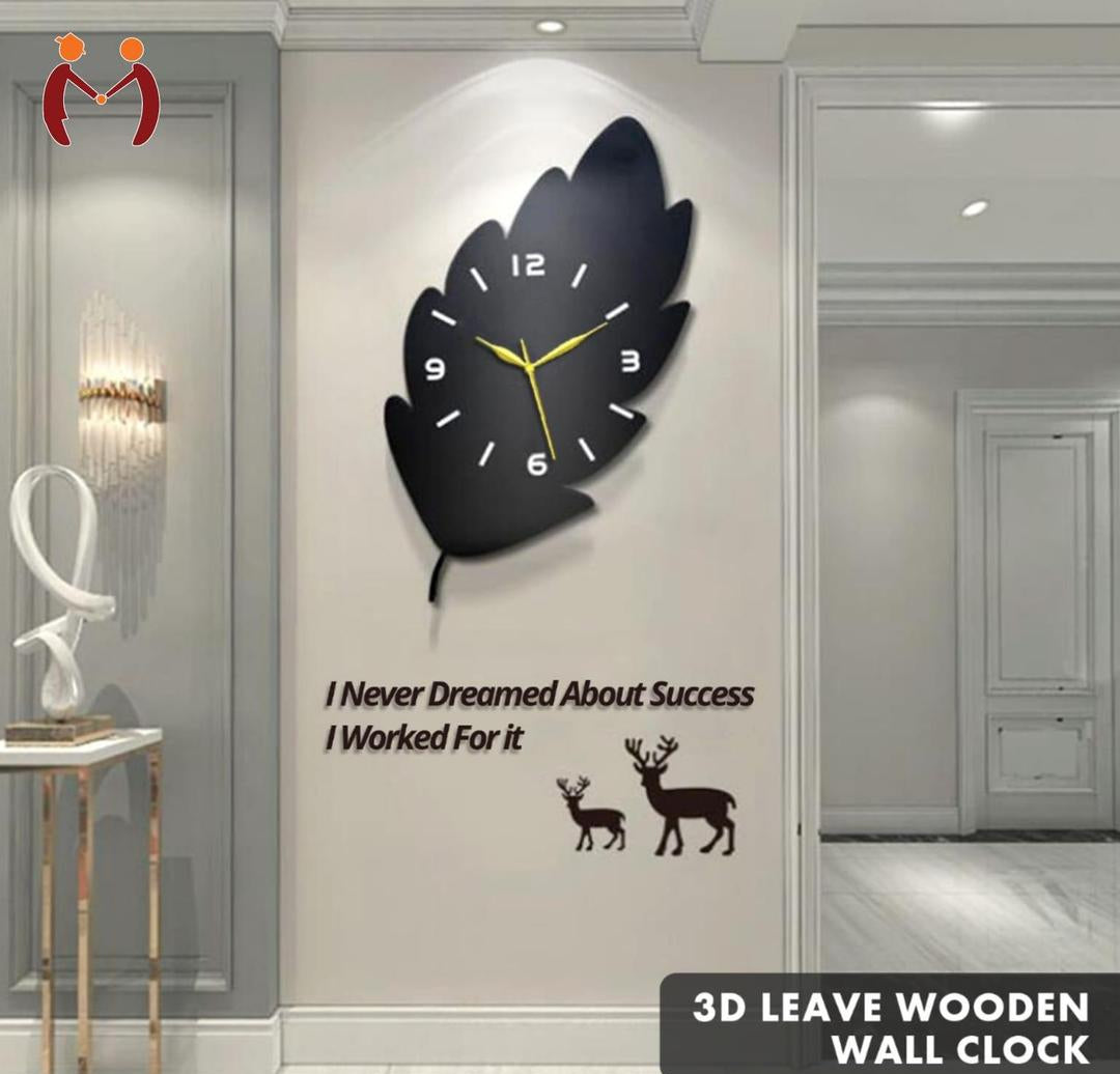 3D Leaf Wooden Wall Clock Black Golden Hands, ,