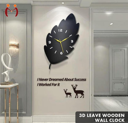 3D Leaf Wooden Wall Clock Black Golden Hands, ,