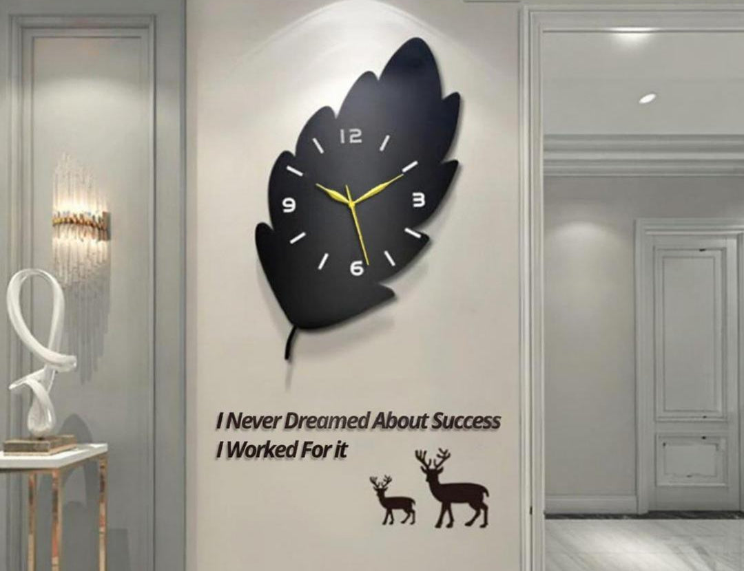 3D Leaf Wooden Wall Clock Black Golden Hands, ,
