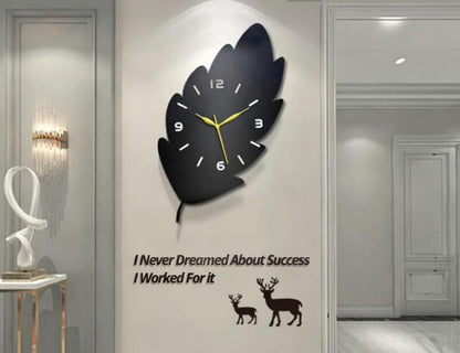 3D Leaf Wooden Wall Clock Black Golden Hands, ,