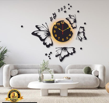 Butterfly Wall Clock Black Gold Modern Decor