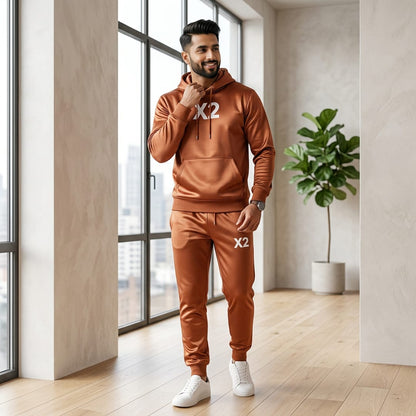Man Brown Printer Hoodie Track Suit