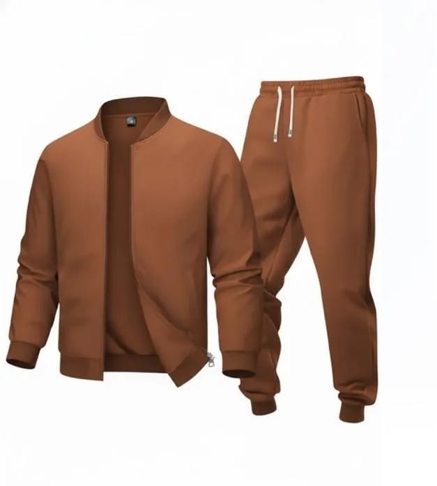 Man S Brown Fleece Track Suit Ban Collar Drawstring Pants