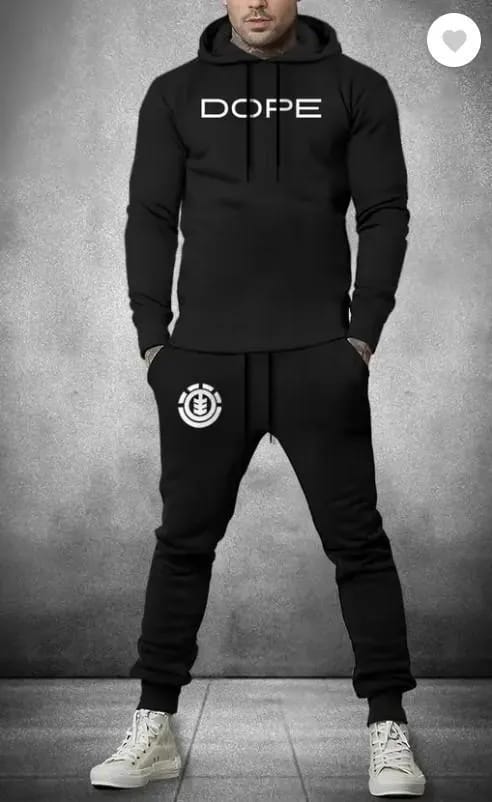 Men Black Fleece Printed Hoodie Track Suit Slim Fit