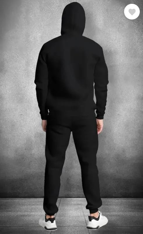 Men Black Fleece Printed Hoodie Track Suit Slim Fit